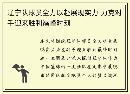 辽宁队球员全力以赴展现实力 力克对手迎来胜利巅峰时刻
