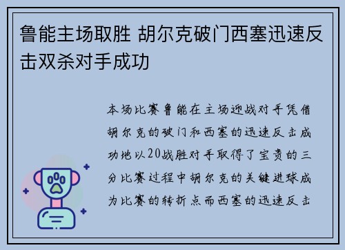鲁能主场取胜 胡尔克破门西塞迅速反击双杀对手成功